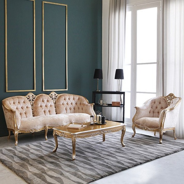 유캐슬 블랑 엔틱소파 4인용 테이블 세트, 골드