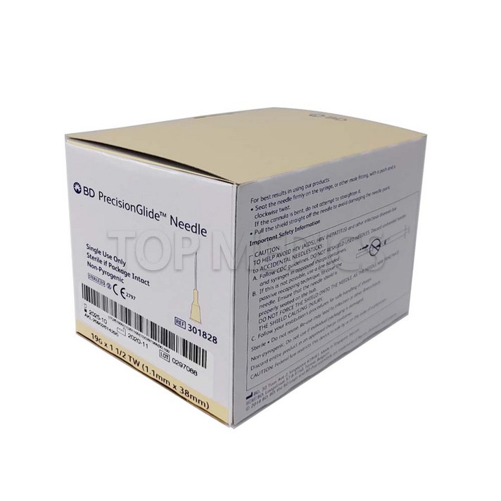 BD 주사침 19G 1-1/2 인치 멸균 일회용 주사바늘 100개입 여드름, 1개