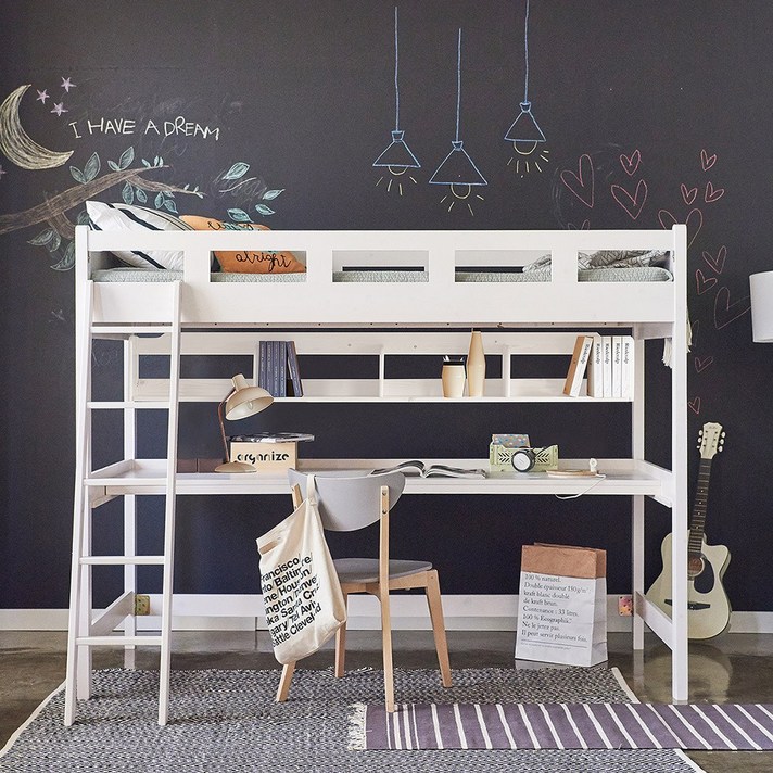 코스모 벙커형 원목 책상 이층침대 싱글+양면폼 매트리스(책꽂이미포함), 화이트워시