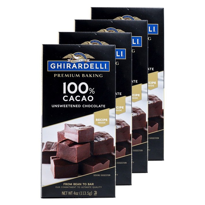 기라델리 프리미엄 베이킹 바 100% 카카오 언스위튼드 초콜릿, 4개, 100% Cacao Unsweetened