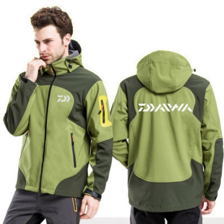 Daiwa 다이와 소프트 쉘 재킷 낚시 상하의 야외 보온 양털 방풍 방수 재킷 바지, 그린 뒤의 긴 라벨
