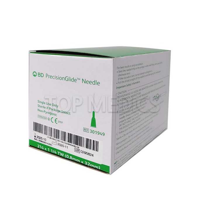 BD 주사침 21G 1-1/4 인치 멸균 일회용 주사바늘 100개입 여드름, 1개