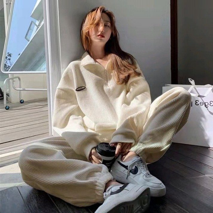 안총 여성 루즈핏 골지 반집업 맨투맨 조거팬츠 투피스 세트