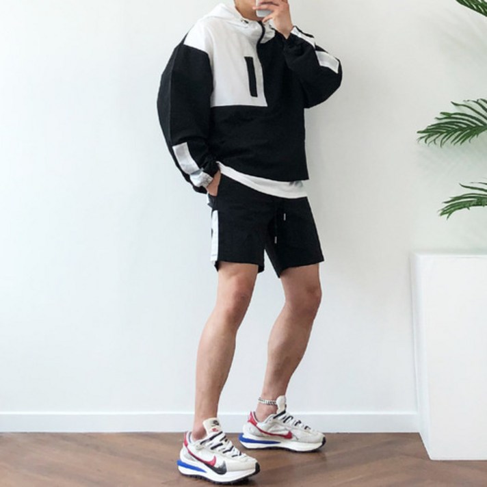 남자 아노락 바람막이 배색 후드 밴딩 반바지 트레이닝 세트 4color