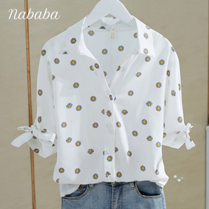 나바바 NB229 소매 리본 브이넥 플라워 블라우스