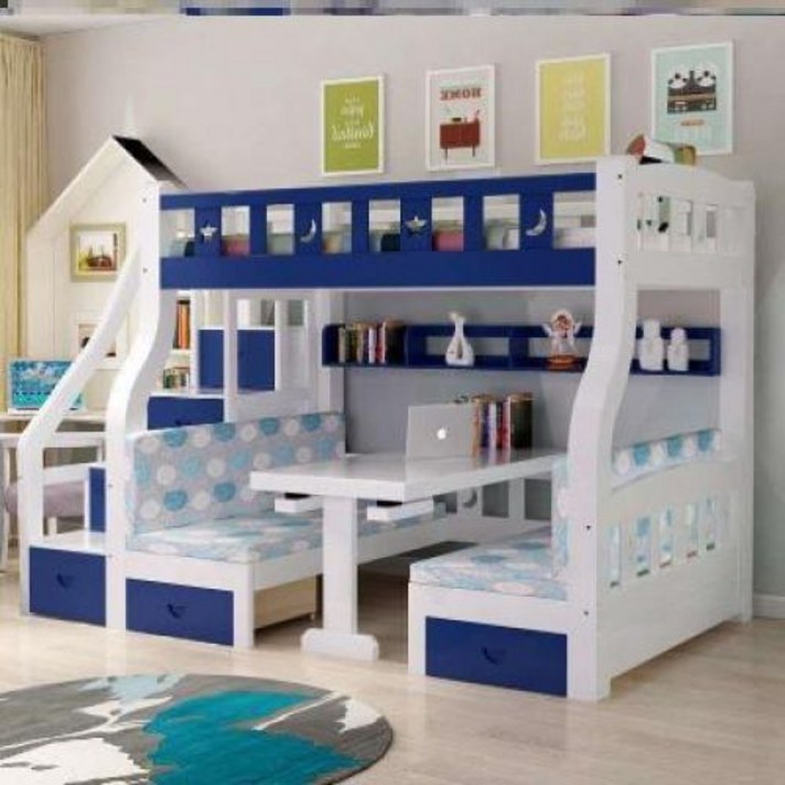좁은방침대 이케아 벙커 2층 이층 로프트 책상 성인 어른 철제벙커침대 남아 여, 01 블루화이트스트레이트