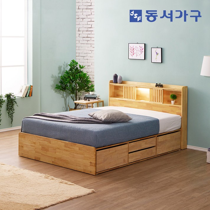 동서가구 메이 수납헤드 원목 서랍 형 퀸 침대프레임 B1364, 내추럴