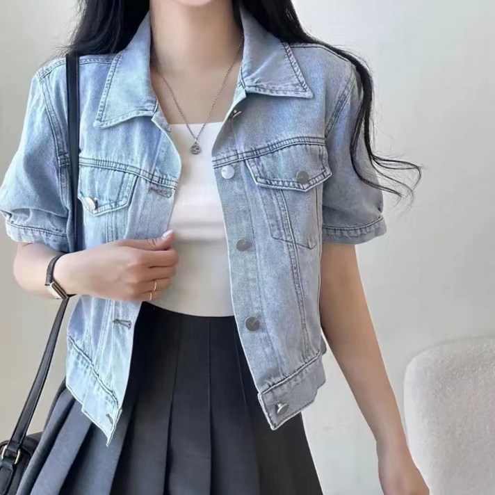 쪼예 데일리 버튼 포켓 반팔 데님 숏 자켓