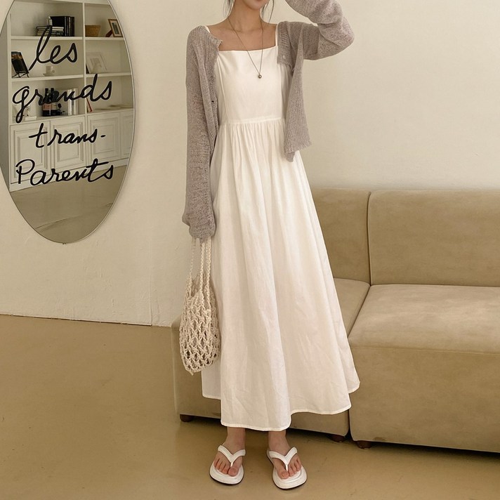 잇진 여성 어깨끈 조절 바캉스 뷔스티에 끈 나시 롱 원피스