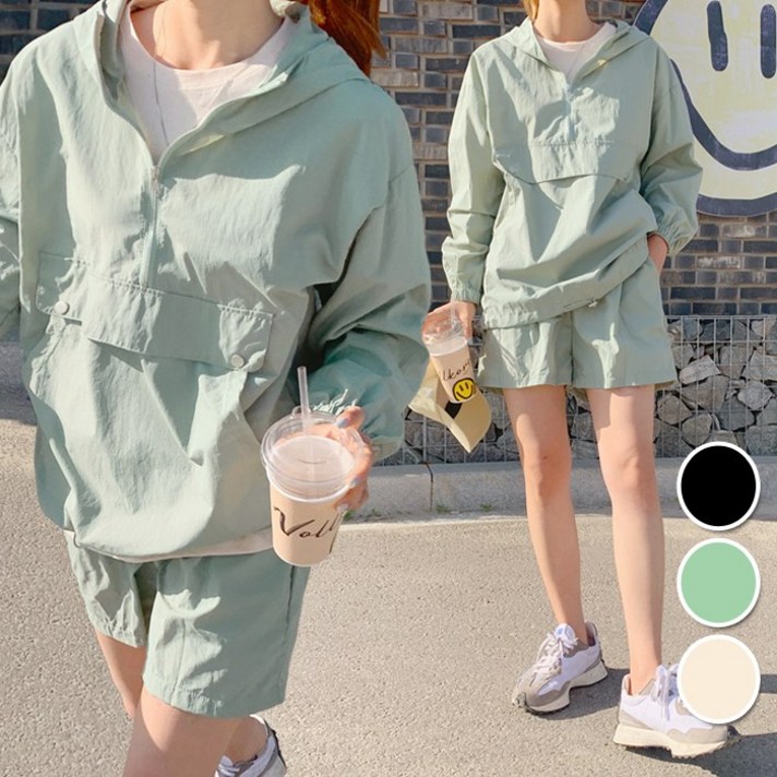 [세트가격!/3컬러] 온더리버117892 윌리 아노락 후드 반바지 세트 여성 사계절 트레이닝복 바람막이 밴딩 숏 팬츠 투피스 데일리룩 봄옷 빅사이즈 여름옷 봄