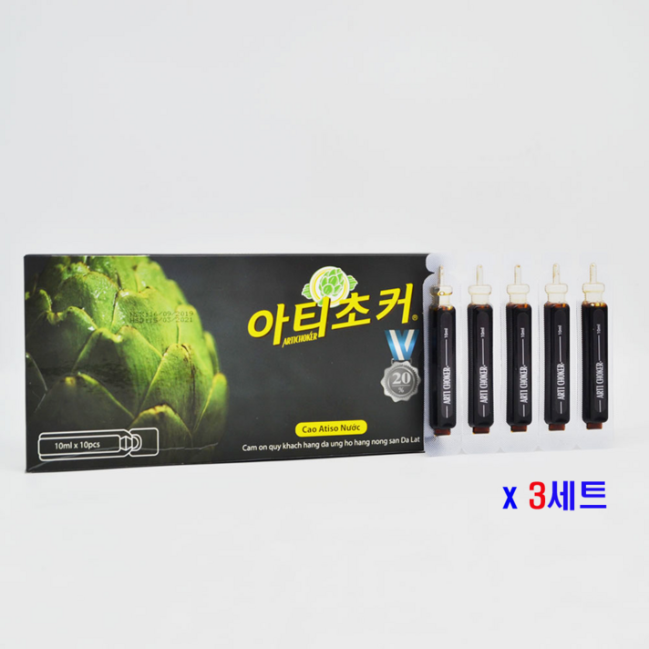 Artichoker 베트남 아티초크 아티소 앰플 농축액 시너링 시나린 아티초크꽃 잎 뿌리 줄기 추출물 차 캡슐 먹는 꽃봉오리 고농축 고함량 소화기관 간 위건강 대장건강 관리, 3개, 100ml