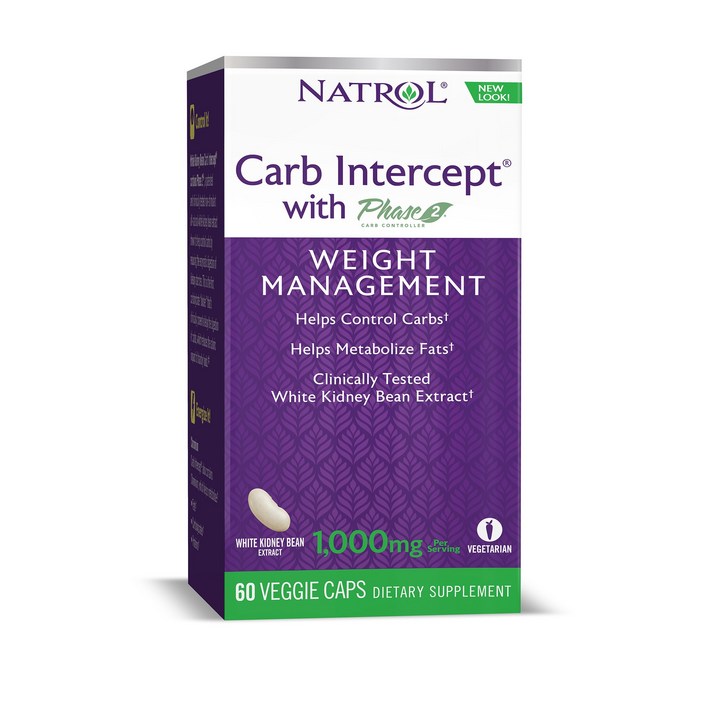 Natrol 화이트 키드니 빈 카브 인터셉트 With 페이즈 2 웨이트 매니지먼트 1000mg 캡슐, 60개입, 1개