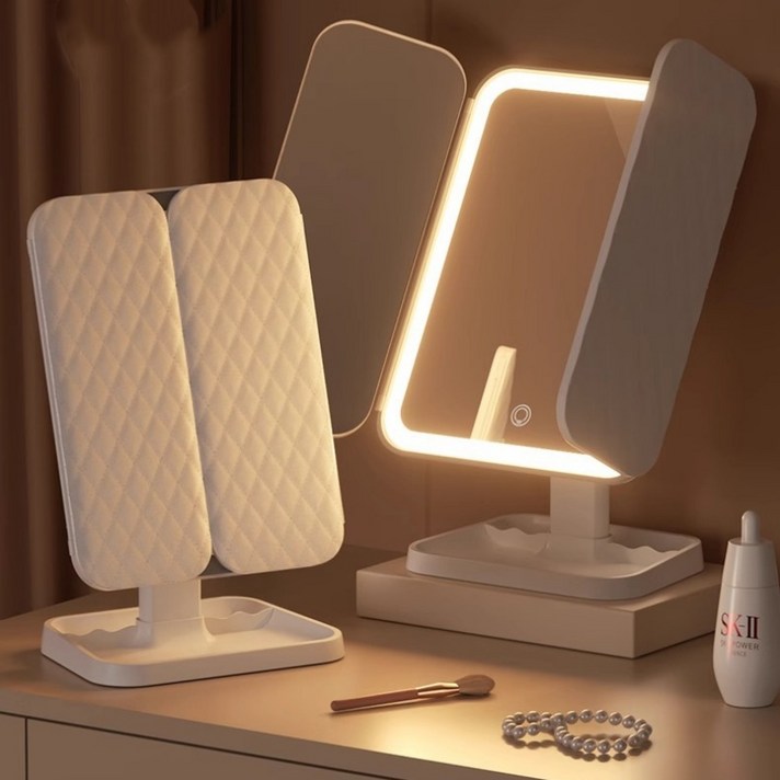 CYLIFE 탁상용 스마트 3단접이식 무선충전식 led조명 화장거울 360도회전 LED조명 메이크업 거울 휴대용 LED조명 화장거울, 화이트