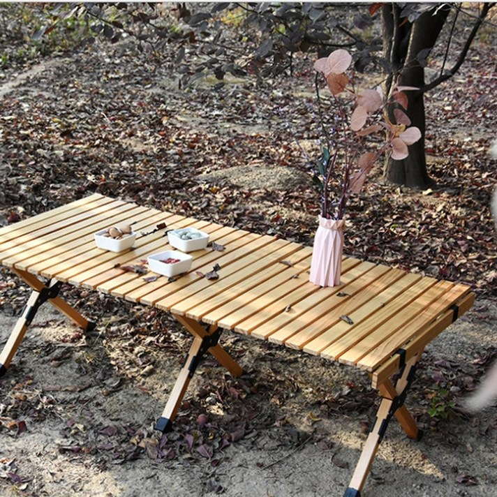 [샤이닝] 원목 롤 테이블 갬성 캠핑 야외 접이식 피크닉 휴대용, 다크브라운