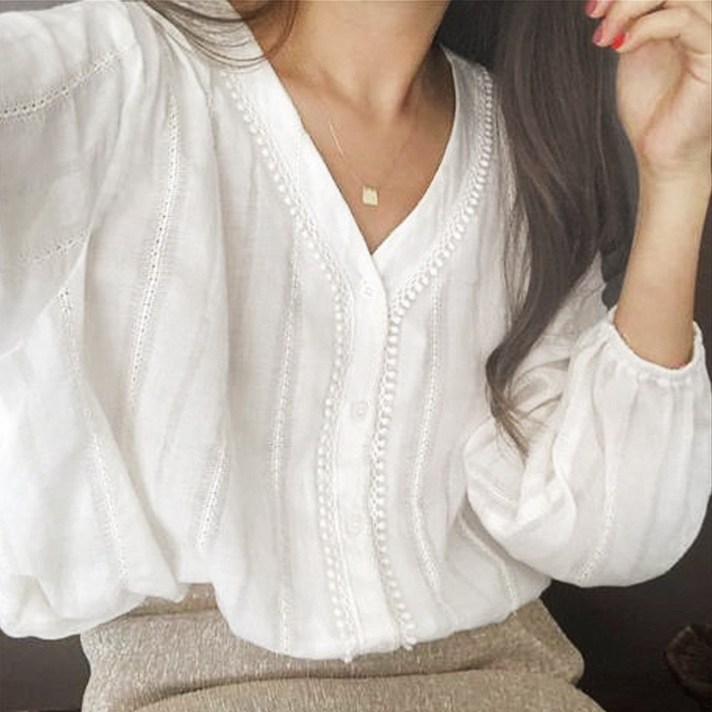 당일발송 레이스 7부 블라우스 브이넥 펀칭 화이트 YJK063