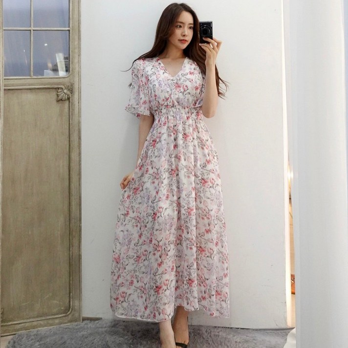 이힝 프라우 플라워 브이넥 쉬폰 롱원피스