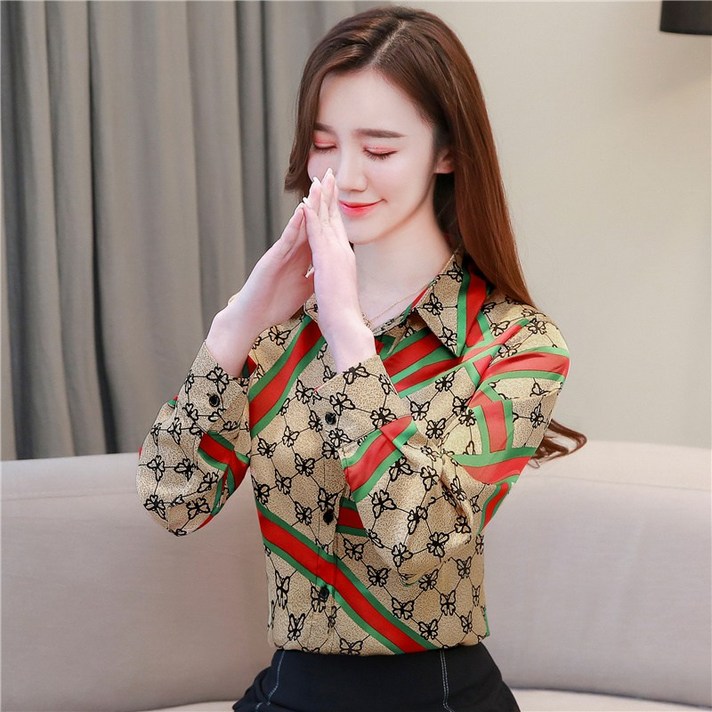 디스코 쉬폰블라우스룩 가을 여성 클래식 플라워 프린트 스트라이프 단가라 블러킹 긴 소매 트렌드 옷