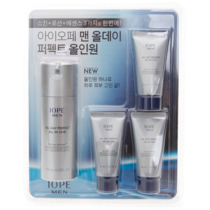 아이오페 맨 올데이 퍼펙트 올인원 120ML+10ml*3 칙칙하고 번들거리는 피부를 간편하게 케어 페퍼민트 추출물 함유되어 시원한 쿨링감 제공 스킨+로션+에센스 타입 남성, 1set, 120ml
