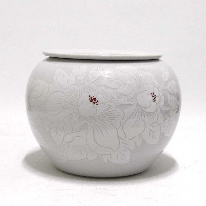 우리도예 백자목단조각요강 돈단지 복단지 좌훈기대용