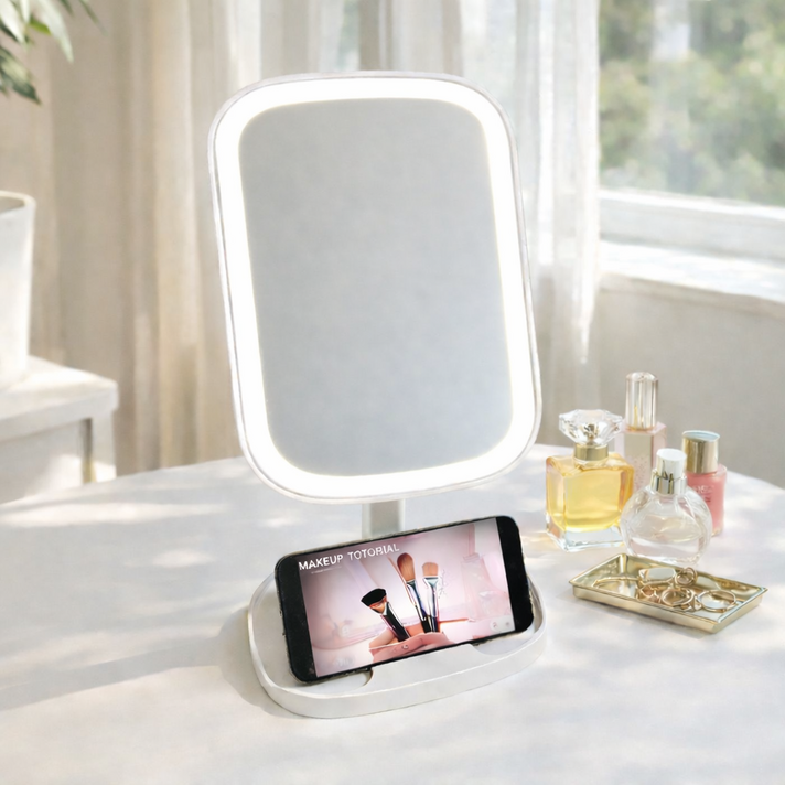플랜와이 LED 조명 화장 거울 무선 C타입 충전 핸드폰 거치 360도 각도 밝기 조절