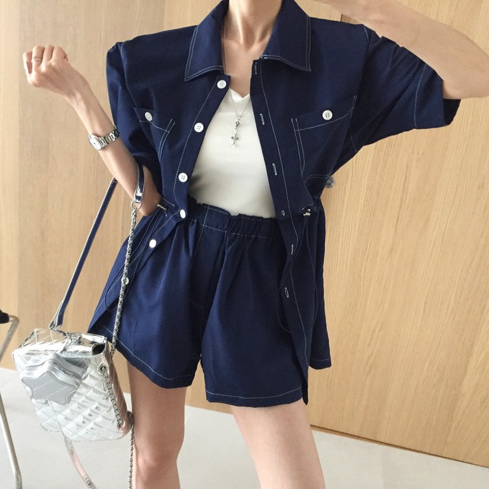 샌딩 스티치 카라 루즈핏 하프 벌룬 반팔 셔츠자켓 밴딩반바지 여름 투피스세트 3color