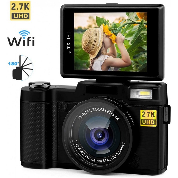디지털 카메라 2.7 천개 24MP 울트라 HD 동영상 카메라 유튜브 3.0 인치 180도 회전 플립 스크린 개폐식 플래시 라이트, 단일옵션