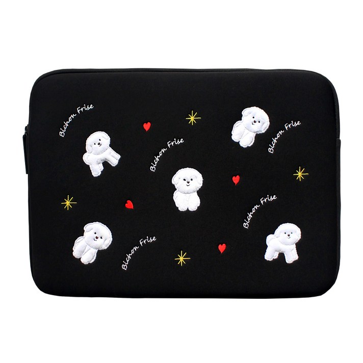 쁘숑앤포숑 15인치 노트북 파우치 갤럭시북 이온 2 15.6 맥북 그램 가방 케이스 귀여운 비숑 댕댕이 여성 대학생 선물, BLACK