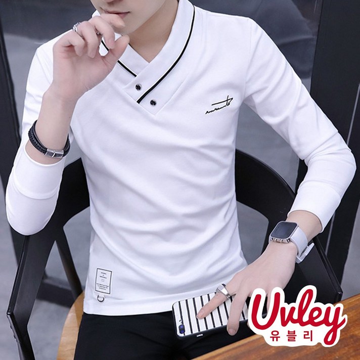 유블리 남성 브이넥 긴팔티셔츠 4color ~3XL 슬림핏 유니크한 브이넥(UV216132WD)화이치 티셔츠 가을 겨울 티 긴팔