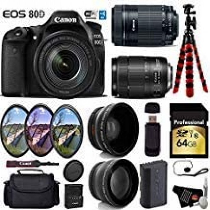 캐논 EOS 80D DSLR 카메라 18-135mm는 STM 렌즈이고 55-250mm는 STM 렌즈 + UV FLD CPL 필터 키트 + 와이드 앵글 & 텔레포, 단일옵션