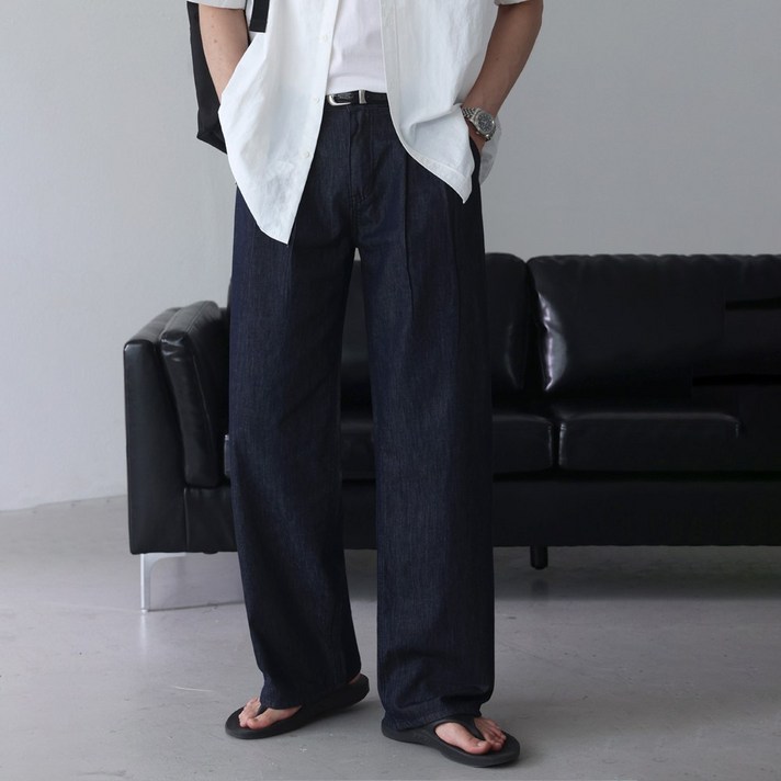 베이직바이블 5도 린넨 아이스 쿨링 논페이드 생지 와이드 데님 팬츠2color