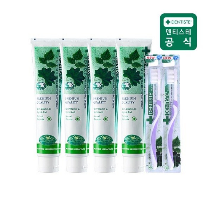 [덴티스테] 플러스화이트 튜브형 치약 200g 4개+ 이중모 칫솔 2개, 상세 설명 참조
