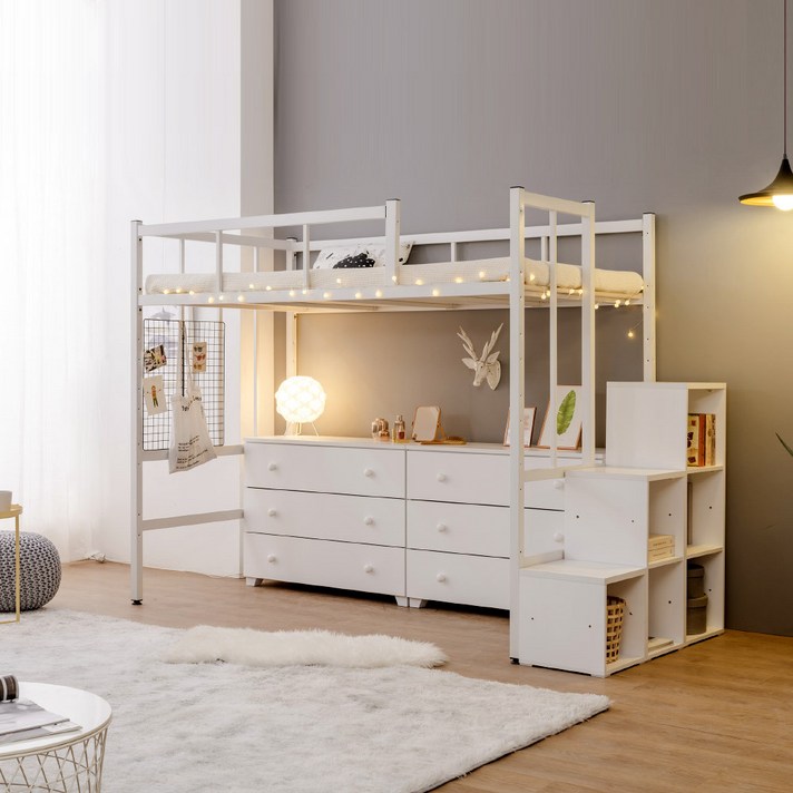 플라망 업다운 높이조절 철제 벙커침대 SS 수납계단, 화이트_GMB005WX