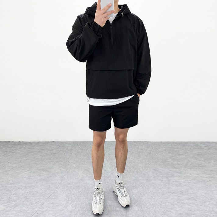 엠클로 남자 오버핏 반집업 바람막이 스톤 아노락 맨투맨 후드점퍼 메쉬 밴딩 트레이닝 반바지 4종세트