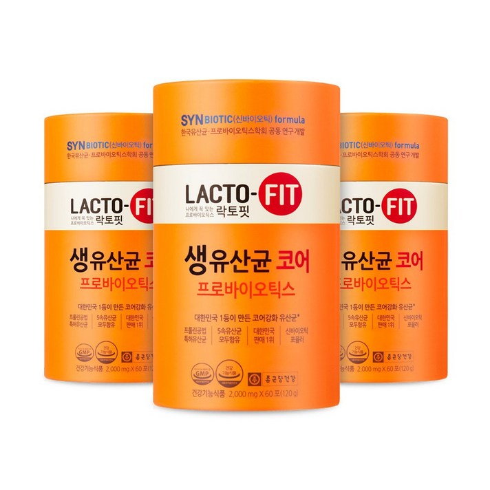 종근당건강 [쿠폰할인] 락토핏 프롤린유산균 코어 60포 (프롤린공법), 3통