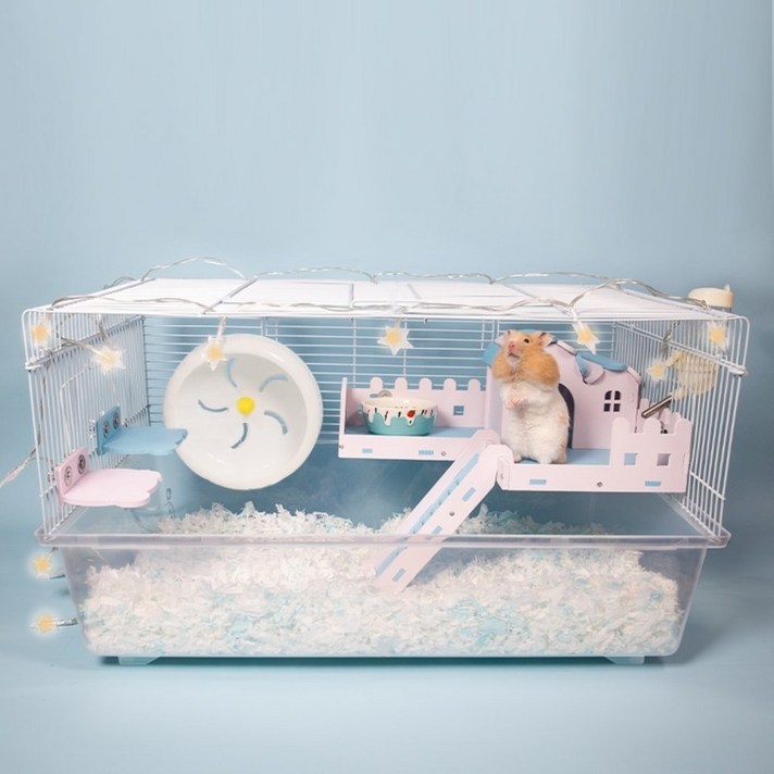 햄스터 관찰존 집 만들기 60x36x34cm 단일 투명 하우스 케이지 1층 2층 데크 챗바퀴 조명, 블루