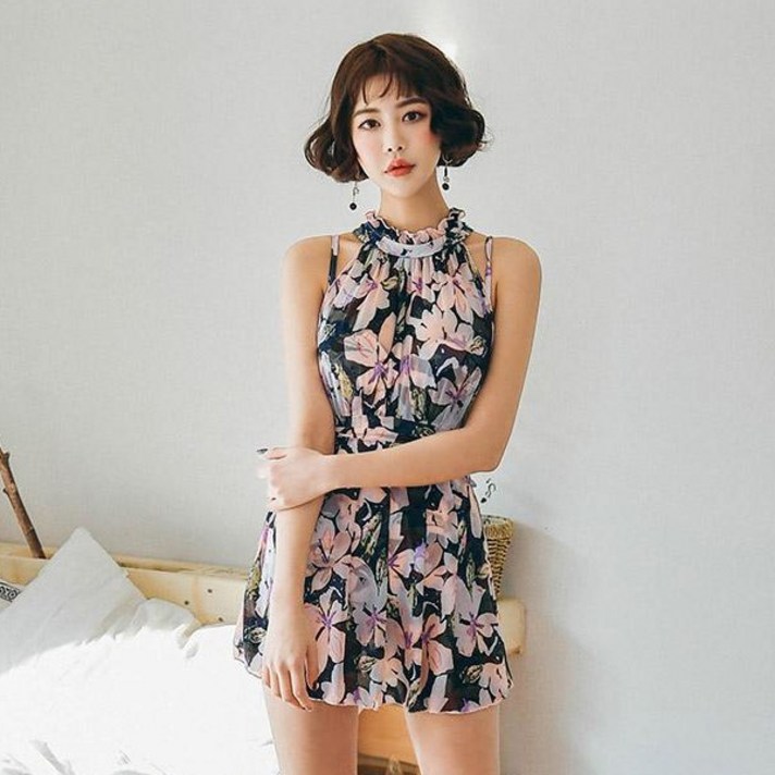 헤링본 원피스비키니 플라워 홀터넥 수영복 모노키니 쉬폰 치마 휴양지 바캉스룩 비치웨어 C484, CX484 블랑쉬