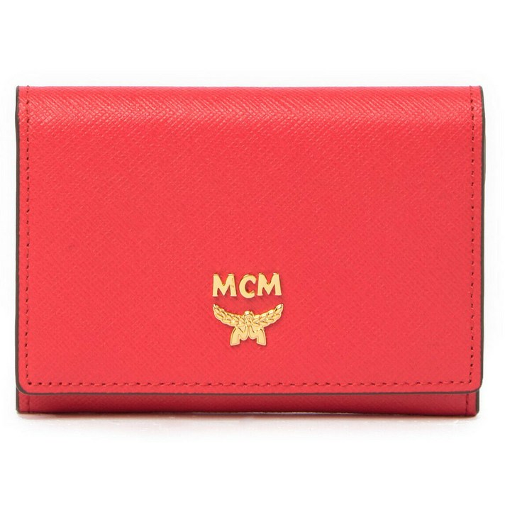 145657 MCM 엠씨엠 여자 가죽 Snap Button Two-Fold Bi-Fold 지갑 카드 Holder in Poppy 레드