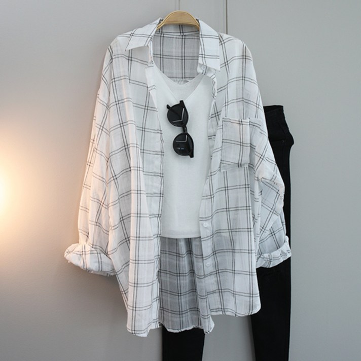 달콩 아사썸머체크롱셔츠 빅사이즈 오버핏 카라셔츠 남방 긴팔 체형커버 데일리룩 자외선차단 신상