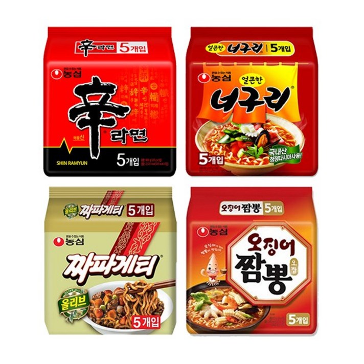 [농심] 베스트라면 기획팩 (신라면5P + 짜파게티5P + 얼큰한너구리5P + 오징어짬뽕5P), 20개