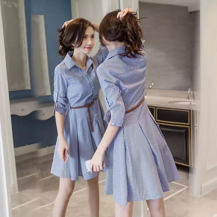 미중 여성 여름 뉴 7부 스트라이프 슬림핏 심플 단추 블록 미디엄 A라인 셔츠 원피스 cxcy