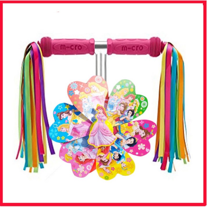 마이크로킥보드 악세사리 어린이용 자전거 리본 깃발 스쿠터 핸들 세발 자전거 유모차 장식 액세서리 직물 리본, 컬러 공주 만화 이중 목적 풍차 + 무지개 파랑 확장 패브릭 리본