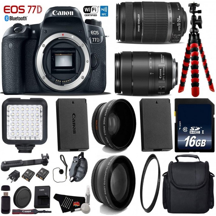 18-135mm 캐논 EOS 77D DSLR 카메라는 STM 렌즈 55-250mm는 II 렌즈 + LED + UV FLD CPL 필터 키트 + 와이드 앵글 & 텔레, 단일옵션