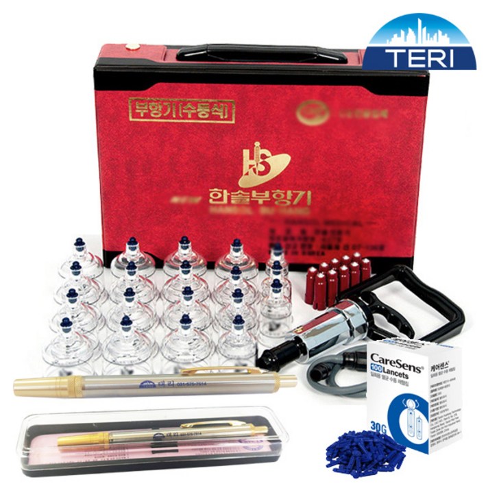 한솔부항기+태리 스텐사혈기+침100개 세트, 한솔부항기 고급형 19컵+태리 스텐사혈기+침100개