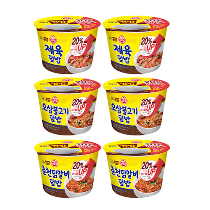 오뚜기 컵밥 증량20%업 3가지맛 2개씩 6개세트 골라담기 (김치찌개 미역국 제육덮밥 낙지덮밥 춘천닭갈비 뚝불 오삼불고기 김치참치 김치알밥 참치마요 진짬뽕밥 황태해장국), 춘천닭갈비2+제육2+오삼2