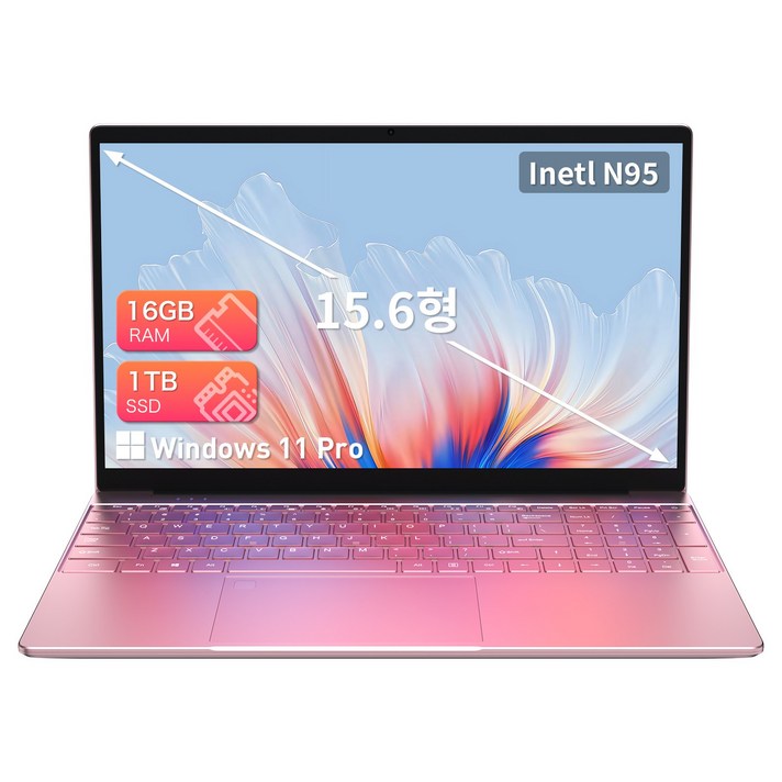 AUUSDA 15.6인치 대화면 노트북, 인텔 N95 프로세서, 8000mAh 대용량 배터리, 백라이트 키보드, 지문 인식, Windows 11 Pro, T152A N95, 윈도우 11 프로, 16GB, 1TB, 핑크