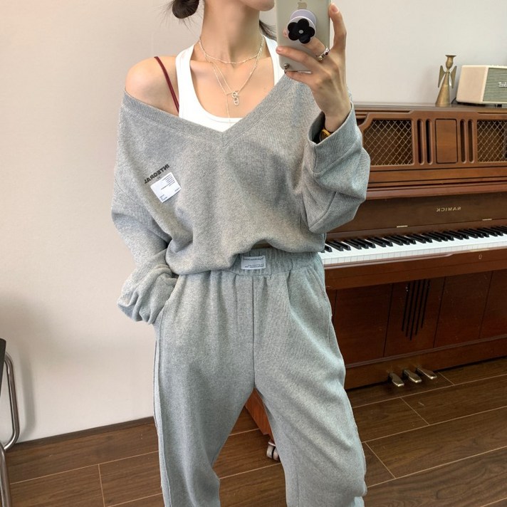 디스코 YOKIDAN 여성의류 두가지다 가짜 갖다 붙이다 봄 풀오버 브이넥