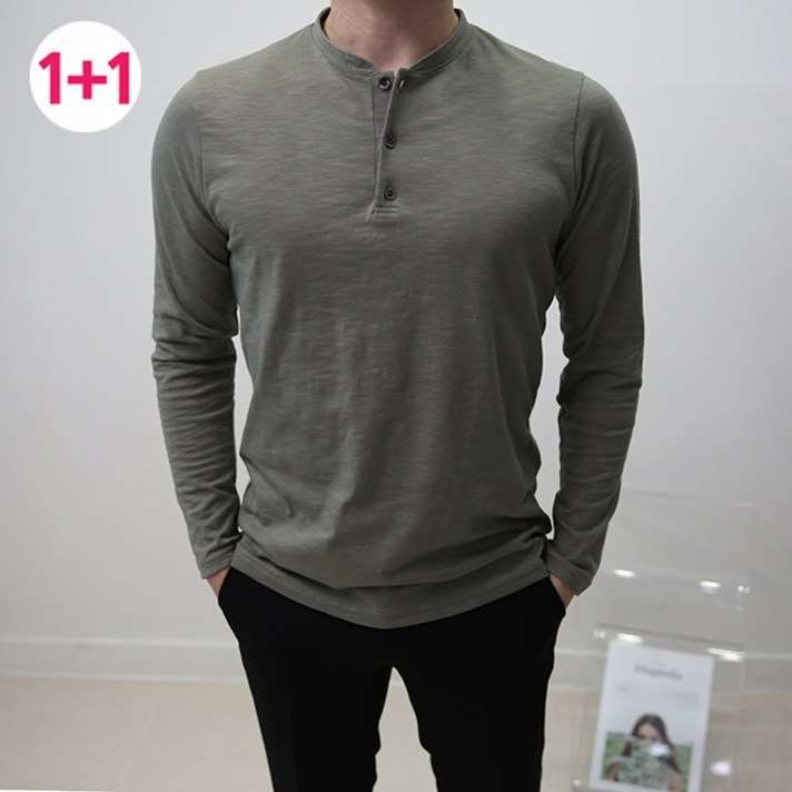 1+1 남자 헨리넥 슬라브 사계절 긴팔티셔츠