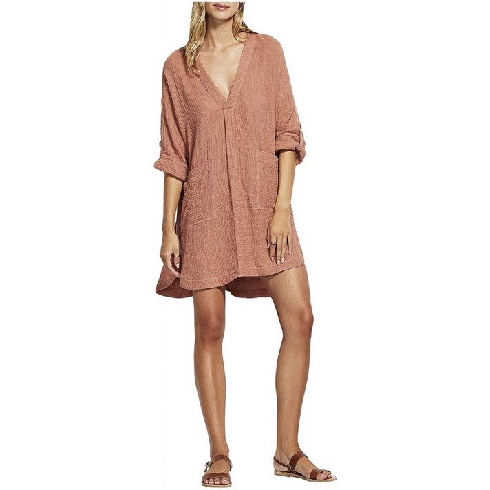 [US S 사이즈] 롤 슬리브가 있는 씨폴리 브이넥 커버 업 드레스 알로하 빛바랜 로즈 아마존 여성복 매, 단일옵션