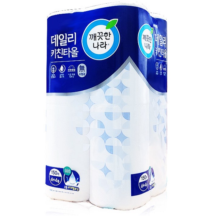 깨끗한나라 데일리 천연펄프 키친타올 150매, 8롤, 1팩