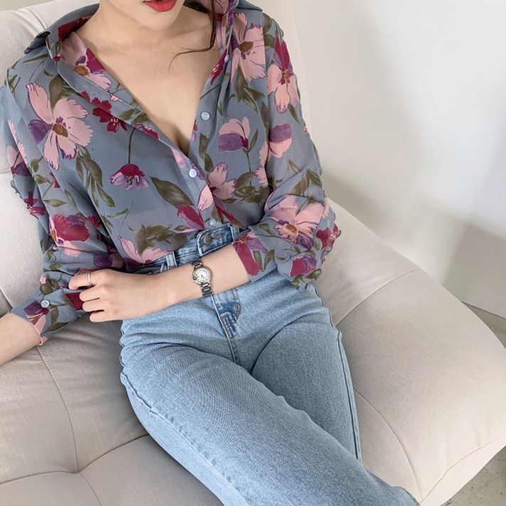 설온 여성 플라워 패턴 가벼운 봄 블라우스 플블 설온 여성 플라워 패턴 가벼운 봄 블라우스 플블